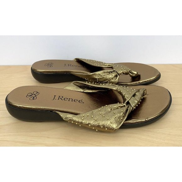 J. RENEE Gold Leather Studded Flat Flip Flop Thong Sandals Size 7 W - Picture 8 of 9